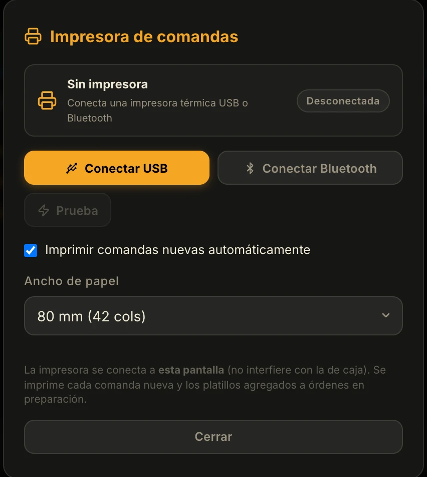 Ventana Impresora de comandas en la pantalla Cocina de ZelPOS, con Conectar USB, Conectar Bluetooth, Prueba, la casilla de impresión automática y el ancho de papel.