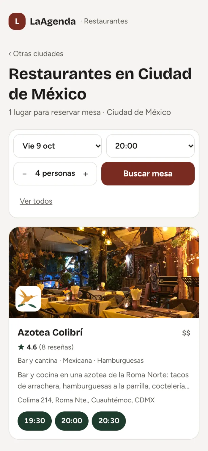 Portal LaAgenda · Restaurantes en el celular: búsqueda en Ciudad de México con los horarios libres de un restaurante.