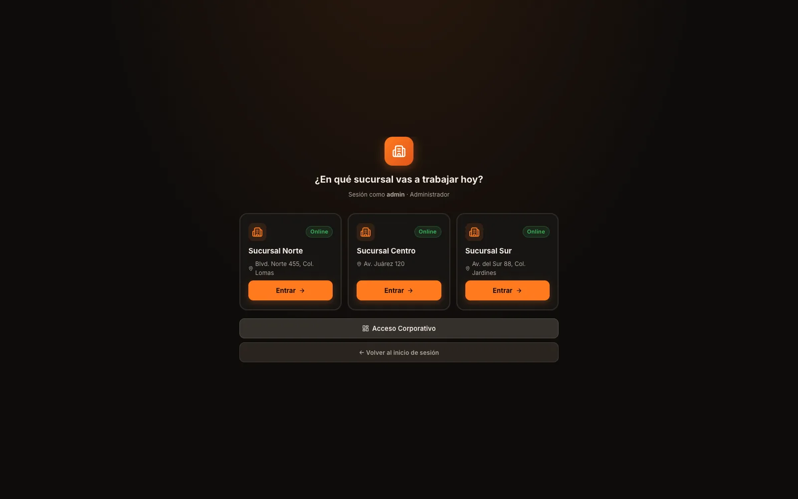 Pantalla para elegir sucursal o entrar al panel corporativo en ZelPOS.