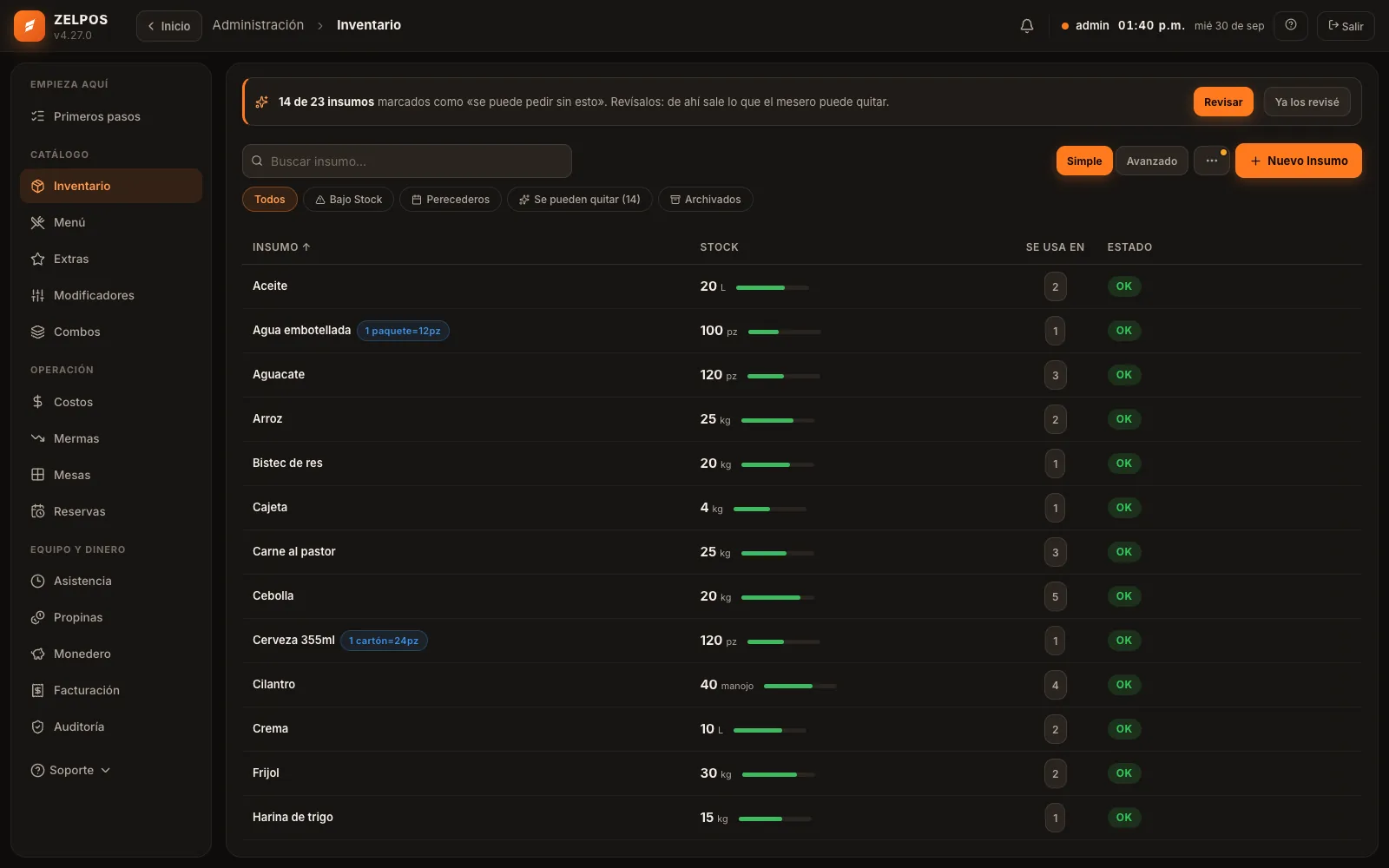 Inventario de ZelPOS con existencias y alertas.