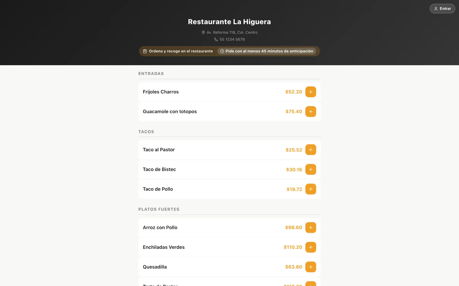 Menú en línea de ZelPOS visto por el cliente.