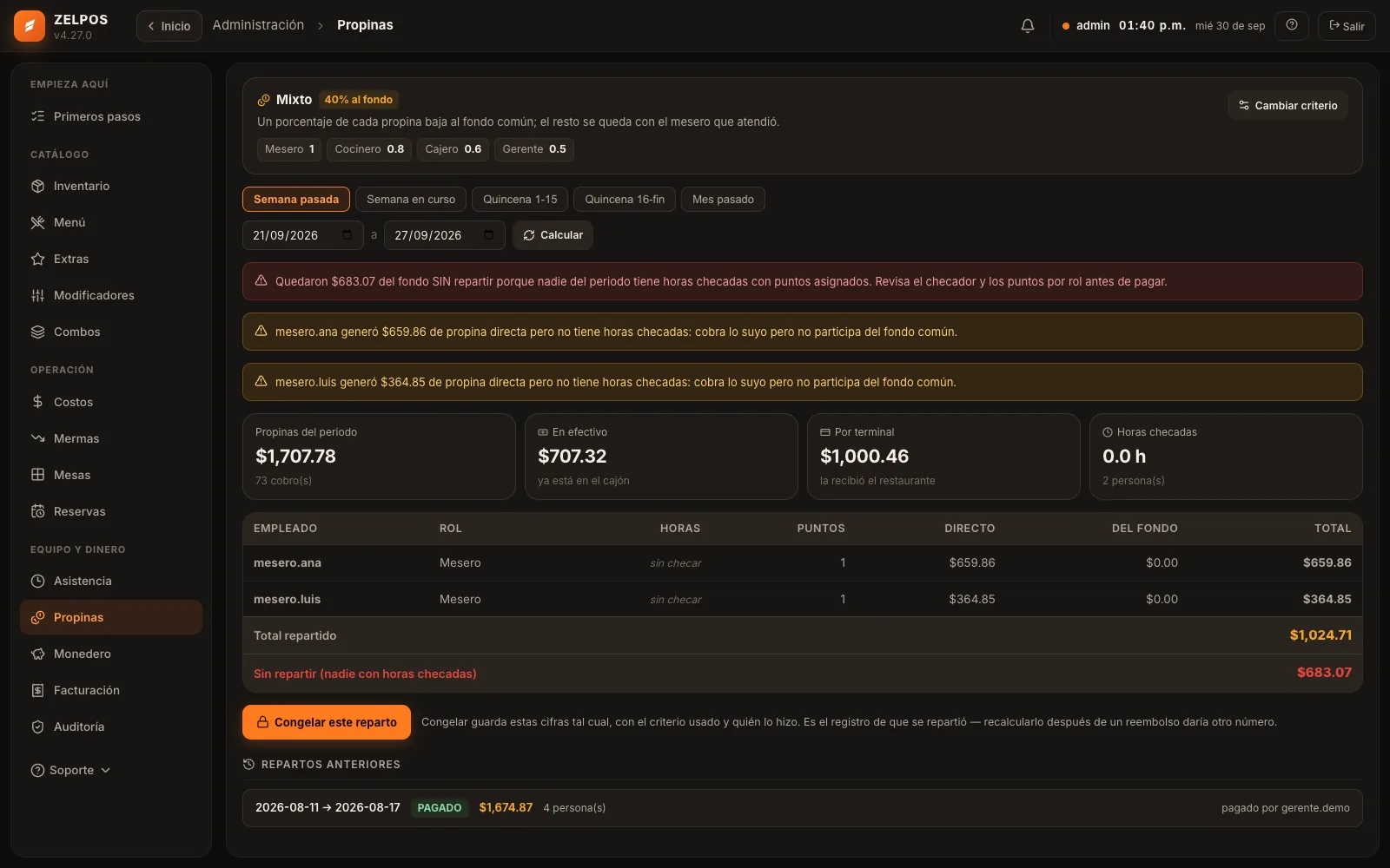 Reparto de propinas en ZelPOS con lo que le toca a cada persona.