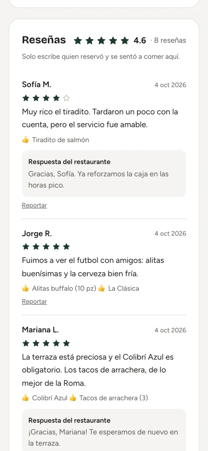 Reseñas de la página de reservas: solo escribe quien reservó y se sentó, con los platillos que pidió.